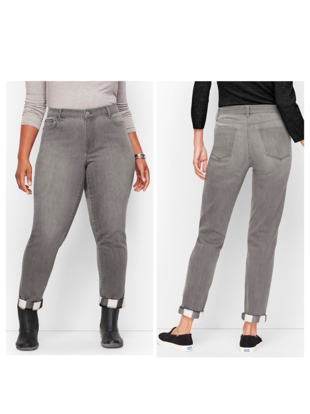 Talbots Flannel Cuff Straight Leg Hi Rise Ankle Grey Jeans Size 14 NWT